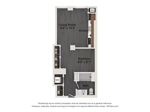 Floor plan for studio, 1 bath, 594 sqft